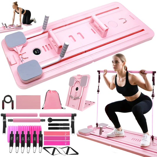 Homimanor Pilates Reformer Machine, Multifunctional Abdominal Board with Pilates Bar and Resistance Bands Kit for Core & Full Body Training, Portable Pilates Board Equipment for Home Workout